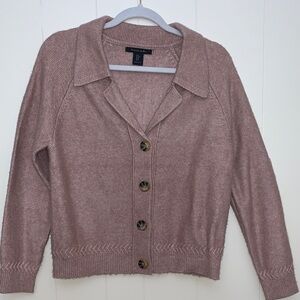 Tahari Mauve Tan Button-Up Cardigan Raglan  Sleeve Detailed Hem and Sleeve MED